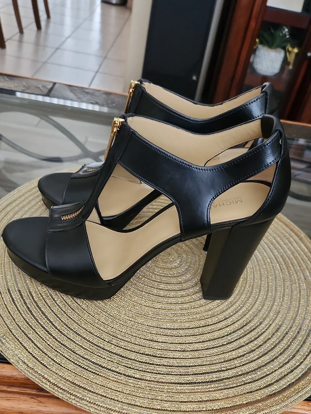 Michael Kors Berkley Black Leather T-Strap Platform Heels with Gold Zip Size 9.5